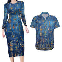 Echoes of Kemet Couples Matching Long Sleeve Bodycon Dress and Hawaiian Shirt African Pharaohs, Anubis and Symbolic Motifs - Wonder Print Shop