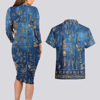 Echoes of Kemet Couples Matching Long Sleeve Bodycon Dress and Hawaiian Shirt African Pharaohs, Anubis and Symbolic Motifs - Wonder Print Shop