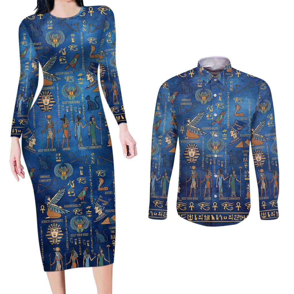 Echoes of Kemet Couples Matching Long Sleeve Bodycon Dress and Long Sleeve Button Shirt African Pharaohs, Anubis and Symbolic Motifs - Wonder Print Shop