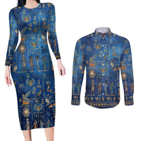 Echoes of Kemet Couples Matching Long Sleeve Bodycon Dress and Long Sleeve Button Shirt African Pharaohs, Anubis and Symbolic Motifs - Wonder Print Shop