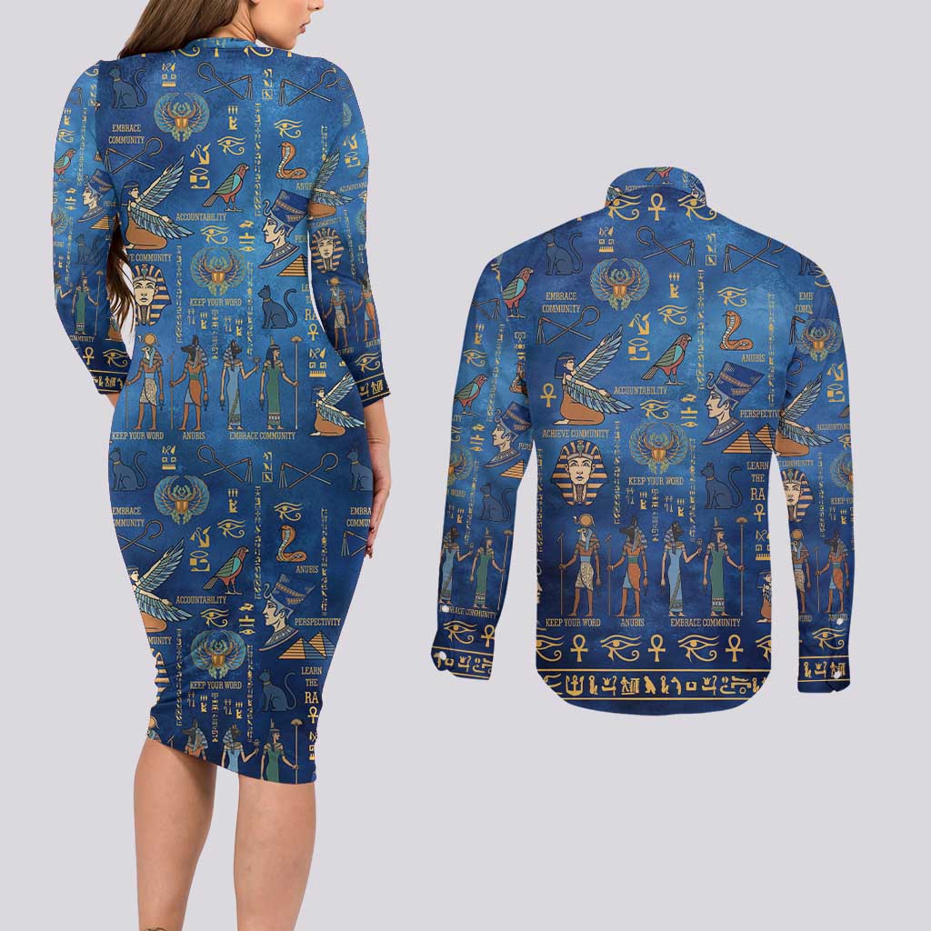 Echoes of Kemet Couples Matching Long Sleeve Bodycon Dress and Long Sleeve Button Shirt African Pharaohs, Anubis and Symbolic Motifs - Wonder Print Shop