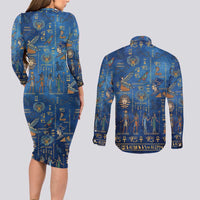 Echoes of Kemet Couples Matching Long Sleeve Bodycon Dress and Long Sleeve Button Shirt African Pharaohs, Anubis and Symbolic Motifs - Wonder Print Shop
