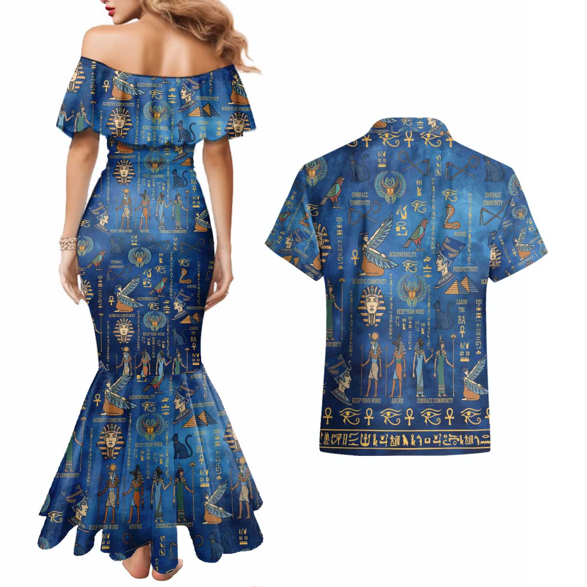 Echoes of Kemet Couples Matching Mermaid Dress and Hawaiian Shirt African Pharaohs, Anubis and Symbolic Motifs - Wonder Print Shop
