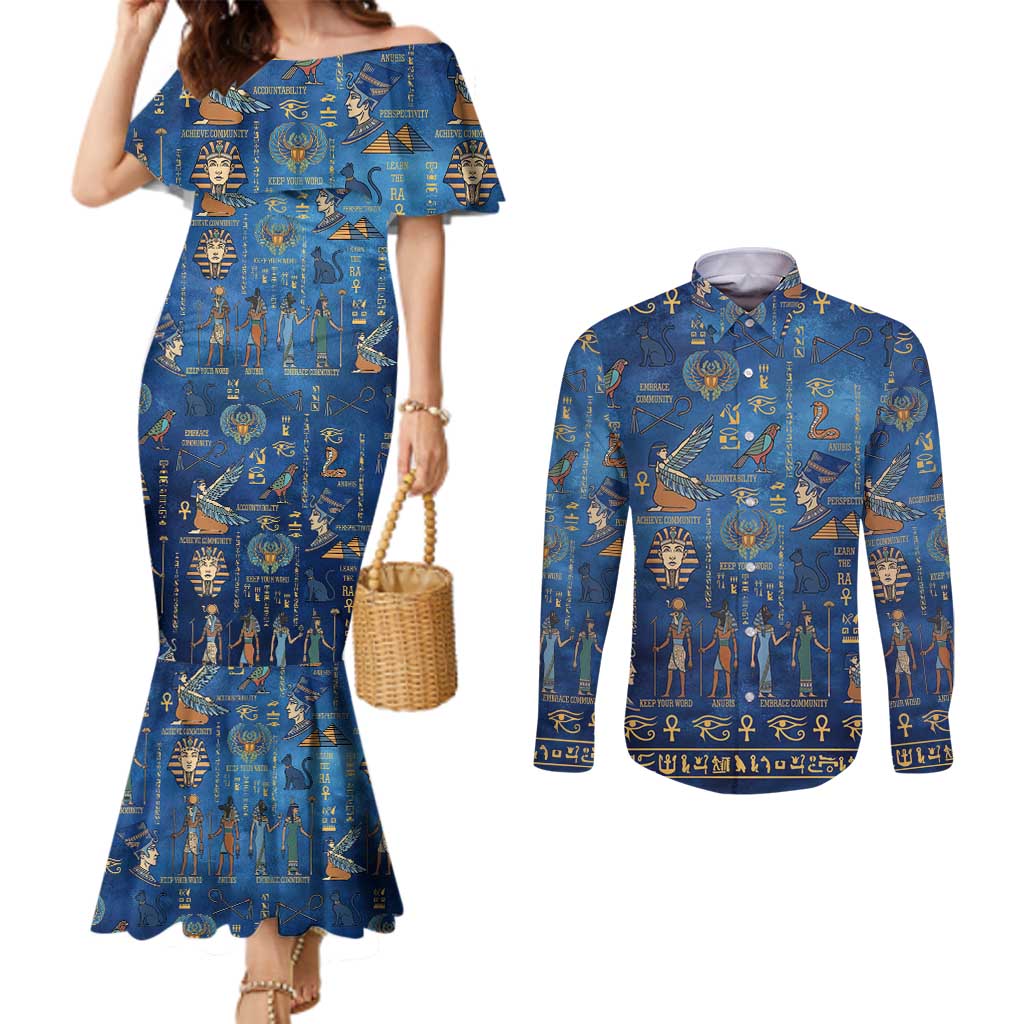 Echoes of Kemet Couples Matching Mermaid Dress and Long Sleeve Button Shirt African Pharaohs, Anubis and Symbolic Motifs - Wonder Print Shop