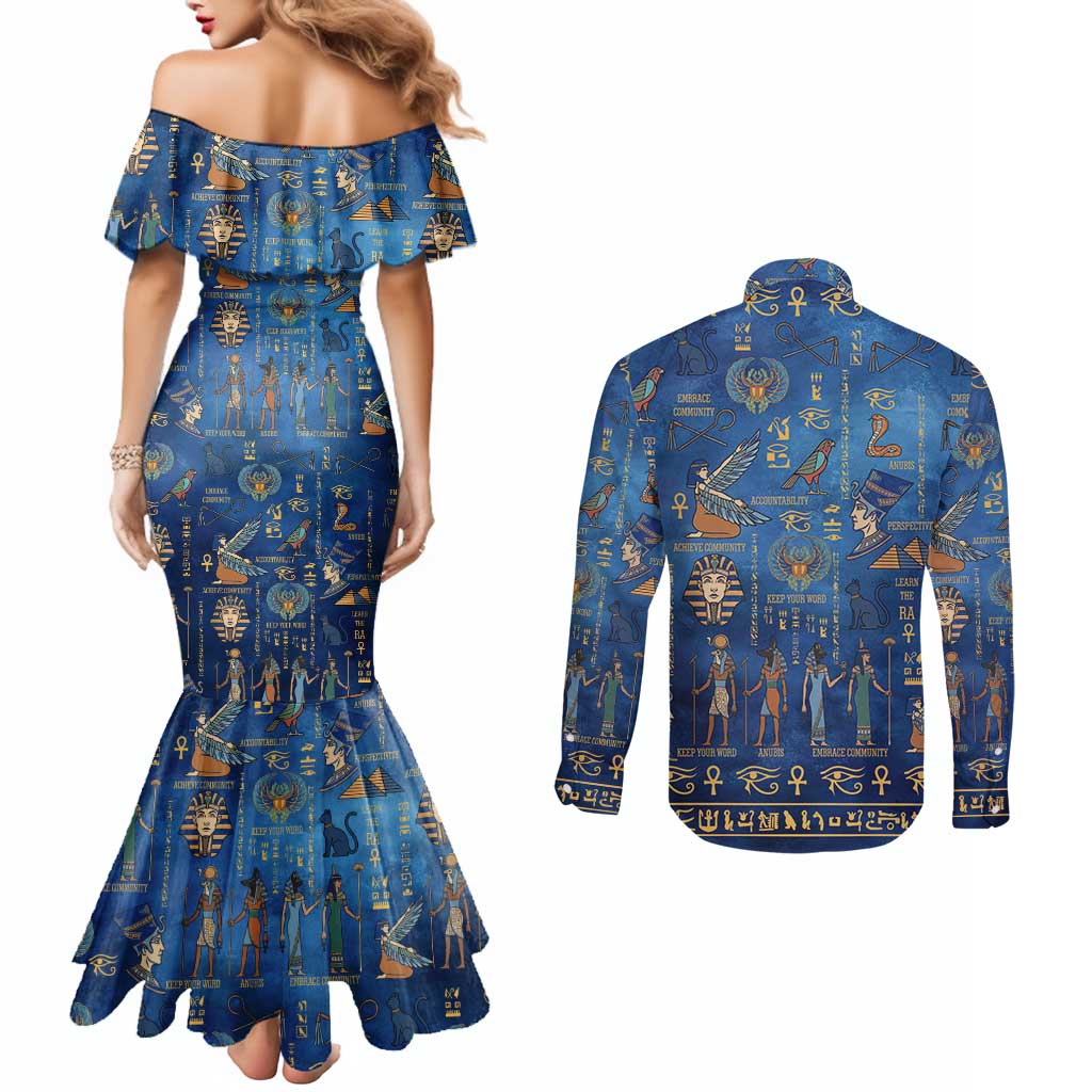 Echoes of Kemet Couples Matching Mermaid Dress and Long Sleeve Button Shirt African Pharaohs, Anubis and Symbolic Motifs - Wonder Print Shop