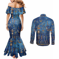 Echoes of Kemet Couples Matching Mermaid Dress and Long Sleeve Button Shirt African Pharaohs, Anubis and Symbolic Motifs - Wonder Print Shop