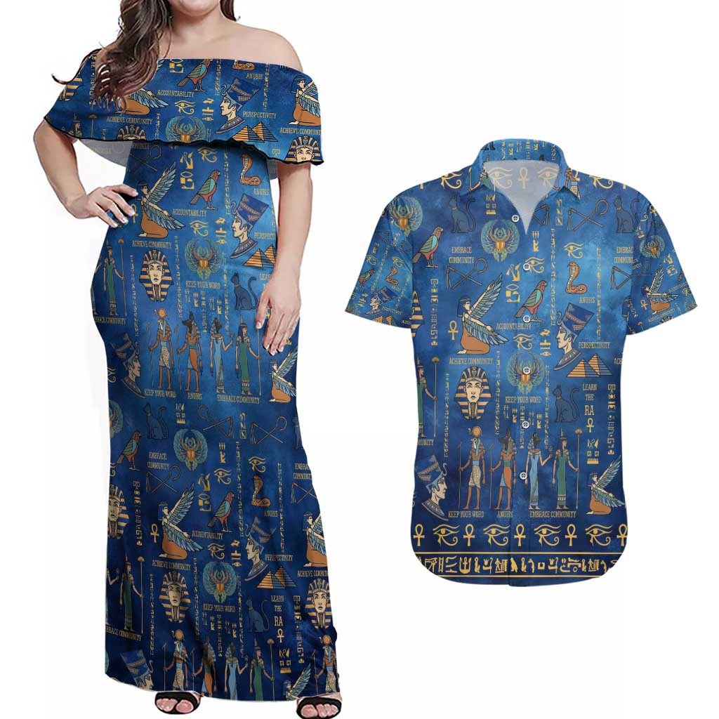 Echoes of Kemet Couples Matching Off Shoulder Maxi Dress and Hawaiian Shirt African Pharaohs, Anubis and Symbolic Motifs - Wonder Print Shop