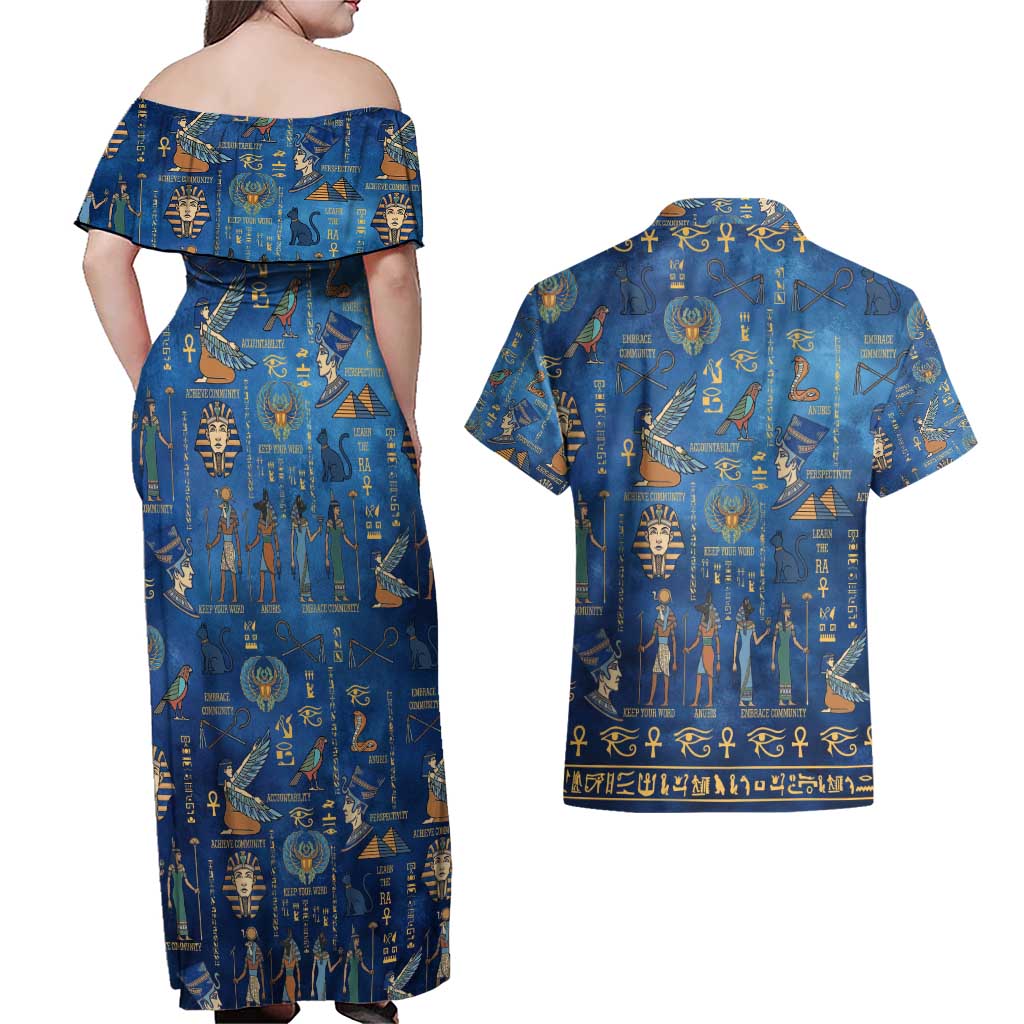 Echoes of Kemet Couples Matching Off Shoulder Maxi Dress and Hawaiian Shirt African Pharaohs, Anubis and Symbolic Motifs - Wonder Print Shop
