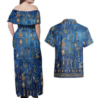 Echoes of Kemet Couples Matching Off Shoulder Maxi Dress and Hawaiian Shirt African Pharaohs, Anubis and Symbolic Motifs - Wonder Print Shop