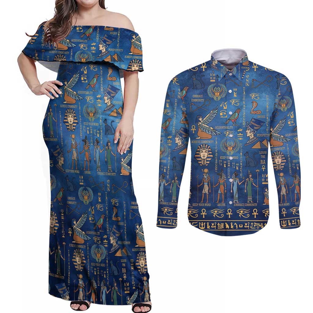 Echoes of Kemet Couples Matching Off Shoulder Maxi Dress and Long Sleeve Button Shirt African Pharaohs, Anubis and Symbolic Motifs - Wonder Print Shop