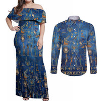 Echoes of Kemet Couples Matching Off Shoulder Maxi Dress and Long Sleeve Button Shirt African Pharaohs, Anubis and Symbolic Motifs - Wonder Print Shop