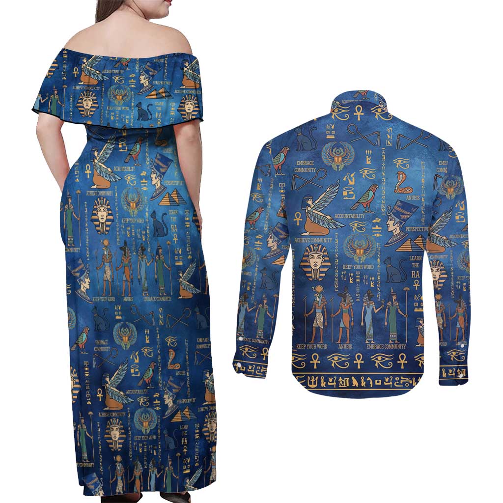 Echoes of Kemet Couples Matching Off Shoulder Maxi Dress and Long Sleeve Button Shirt African Pharaohs, Anubis and Symbolic Motifs - Wonder Print Shop