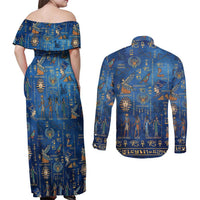 Echoes of Kemet Couples Matching Off Shoulder Maxi Dress and Long Sleeve Button Shirt African Pharaohs, Anubis and Symbolic Motifs - Wonder Print Shop