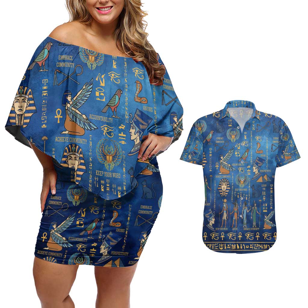 Echoes of Kemet Couples Matching Off Shoulder Short Dress and Hawaiian Shirt African Pharaohs, Anubis and Symbolic Motifs - Wonder Print Shop