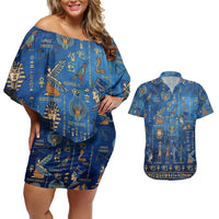 Echoes of Kemet Couples Matching Off Shoulder Short Dress and Hawaiian Shirt African Pharaohs, Anubis and Symbolic Motifs - Wonder Print Shop