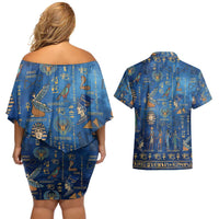 Echoes of Kemet Couples Matching Off Shoulder Short Dress and Hawaiian Shirt African Pharaohs, Anubis and Symbolic Motifs - Wonder Print Shop