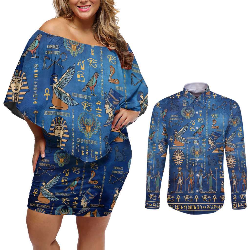 Echoes of Kemet Couples Matching Off Shoulder Short Dress and Long Sleeve Button Shirt African Pharaohs, Anubis and Symbolic Motifs - Wonder Print Shop