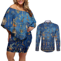 Echoes of Kemet Couples Matching Off Shoulder Short Dress and Long Sleeve Button Shirt African Pharaohs, Anubis and Symbolic Motifs - Wonder Print Shop