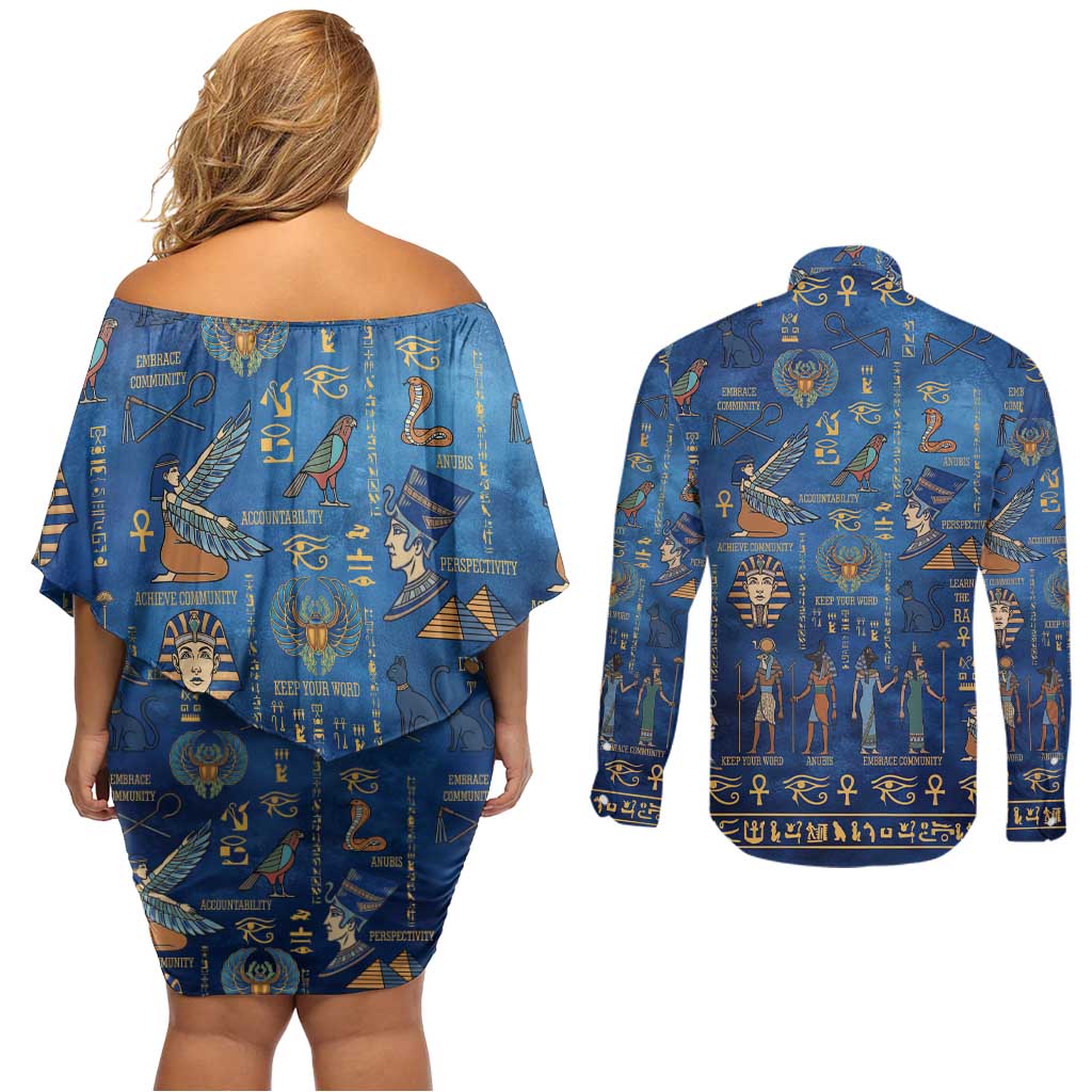 Echoes of Kemet Couples Matching Off Shoulder Short Dress and Long Sleeve Button Shirt African Pharaohs, Anubis and Symbolic Motifs - Wonder Print Shop
