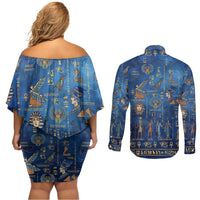 Echoes of Kemet Couples Matching Off Shoulder Short Dress and Long Sleeve Button Shirt African Pharaohs, Anubis and Symbolic Motifs - Wonder Print Shop