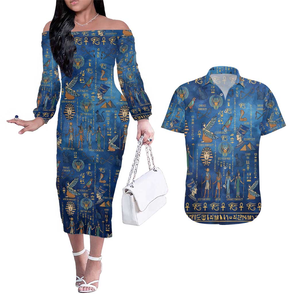 Echoes of Kemet Couples Matching Off The Shoulder Long Sleeve Dress and Hawaiian Shirt African Pharaohs, Anubis and Symbolic Motifs - Wonder Print Shop