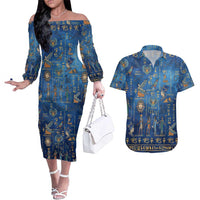 Echoes of Kemet Couples Matching Off The Shoulder Long Sleeve Dress and Hawaiian Shirt African Pharaohs, Anubis and Symbolic Motifs - Wonder Print Shop
