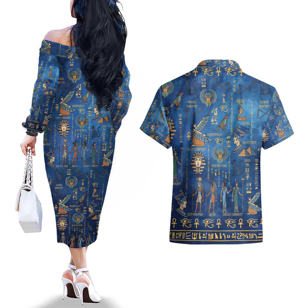 Echoes of Kemet Couples Matching Off The Shoulder Long Sleeve Dress and Hawaiian Shirt African Pharaohs, Anubis and Symbolic Motifs - Wonder Print Shop