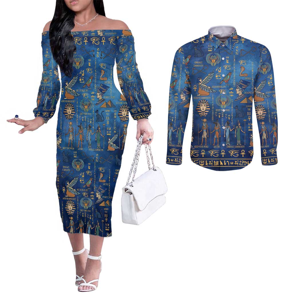 Echoes of Kemet Couples Matching Off The Shoulder Long Sleeve Dress and Long Sleeve Button Shirt African Pharaohs, Anubis and Symbolic Motifs - Wonder Print Shop