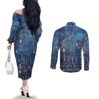 Echoes of Kemet Couples Matching Off The Shoulder Long Sleeve Dress and Long Sleeve Button Shirt African Pharaohs, Anubis and Symbolic Motifs - Wonder Print Shop