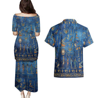 Echoes of Kemet Couples Matching Puletasi and Hawaiian Shirt African Pharaohs, Anubis and Symbolic Motifs - Wonder Print Shop