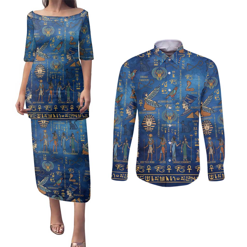 Echoes of Kemet Couples Matching Puletasi and Long Sleeve Button Shirt African Pharaohs, Anubis and Symbolic Motifs - Wonder Print Shop