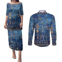 Echoes of Kemet Couples Matching Puletasi and Long Sleeve Button Shirt African Pharaohs, Anubis and Symbolic Motifs - Wonder Print Shop
