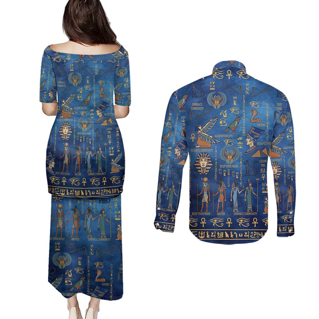 Echoes of Kemet Couples Matching Puletasi and Long Sleeve Button Shirt African Pharaohs, Anubis and Symbolic Motifs - Wonder Print Shop