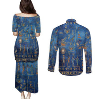 Echoes of Kemet Couples Matching Puletasi and Long Sleeve Button Shirt African Pharaohs, Anubis and Symbolic Motifs - Wonder Print Shop