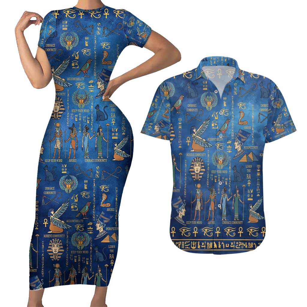 Echoes of Kemet Couples Matching Short Sleeve Bodycon Dress and Hawaiian Shirt African Pharaohs, Anubis and Symbolic Motifs - Wonder Print Shop