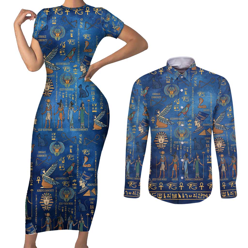Echoes of Kemet Couples Matching Short Sleeve Bodycon Dress and Long Sleeve Button Shirt African Pharaohs, Anubis and Symbolic Motifs - Wonder Print Shop