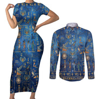 Echoes of Kemet Couples Matching Short Sleeve Bodycon Dress and Long Sleeve Button Shirt African Pharaohs, Anubis and Symbolic Motifs - Wonder Print Shop