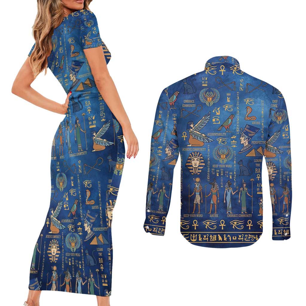 Echoes of Kemet Couples Matching Short Sleeve Bodycon Dress and Long Sleeve Button Shirt African Pharaohs, Anubis and Symbolic Motifs - Wonder Print Shop