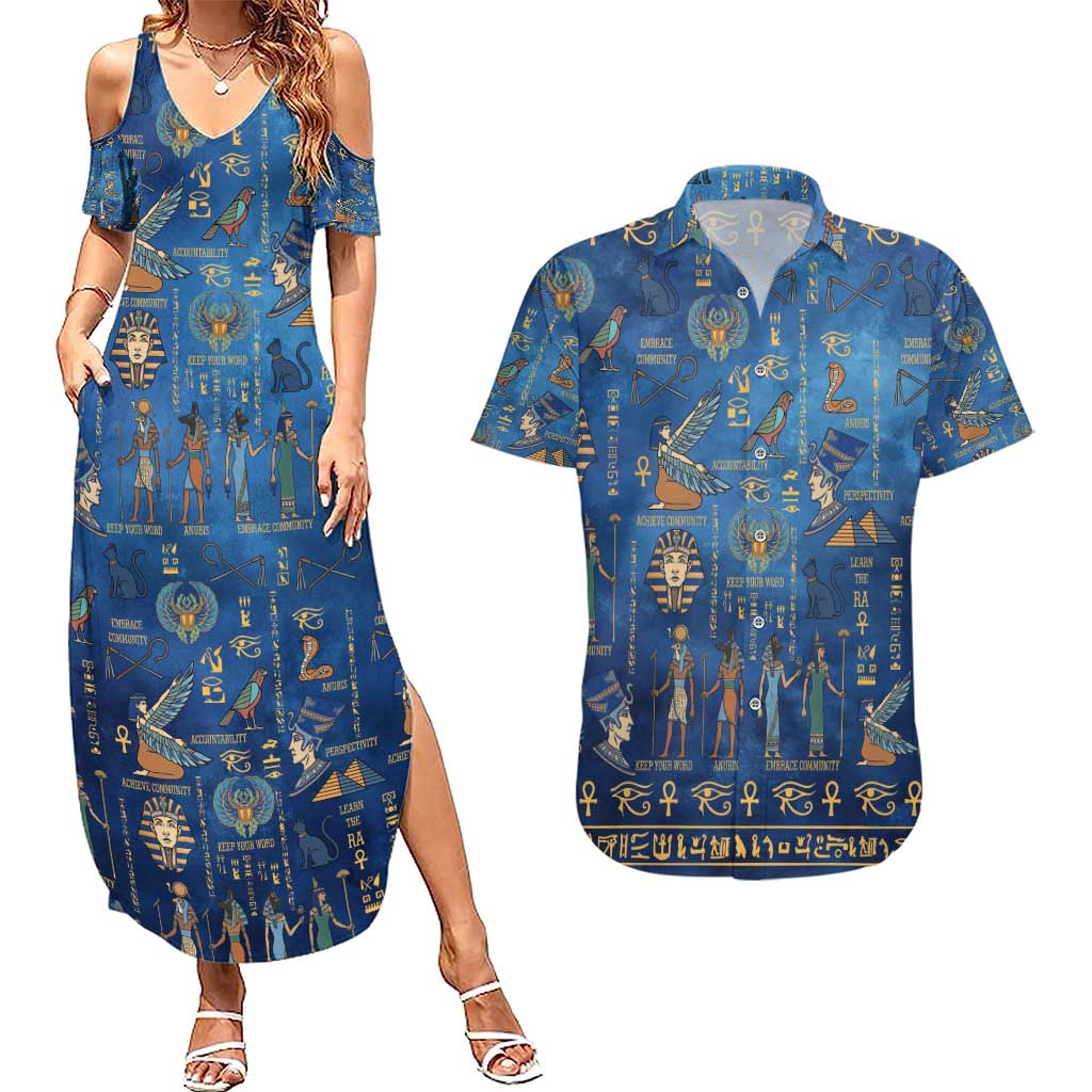 Echoes of Kemet Couples Matching Summer Maxi Dress and Hawaiian Shirt African Pharaohs, Anubis and Symbolic Motifs - Wonder Print Shop