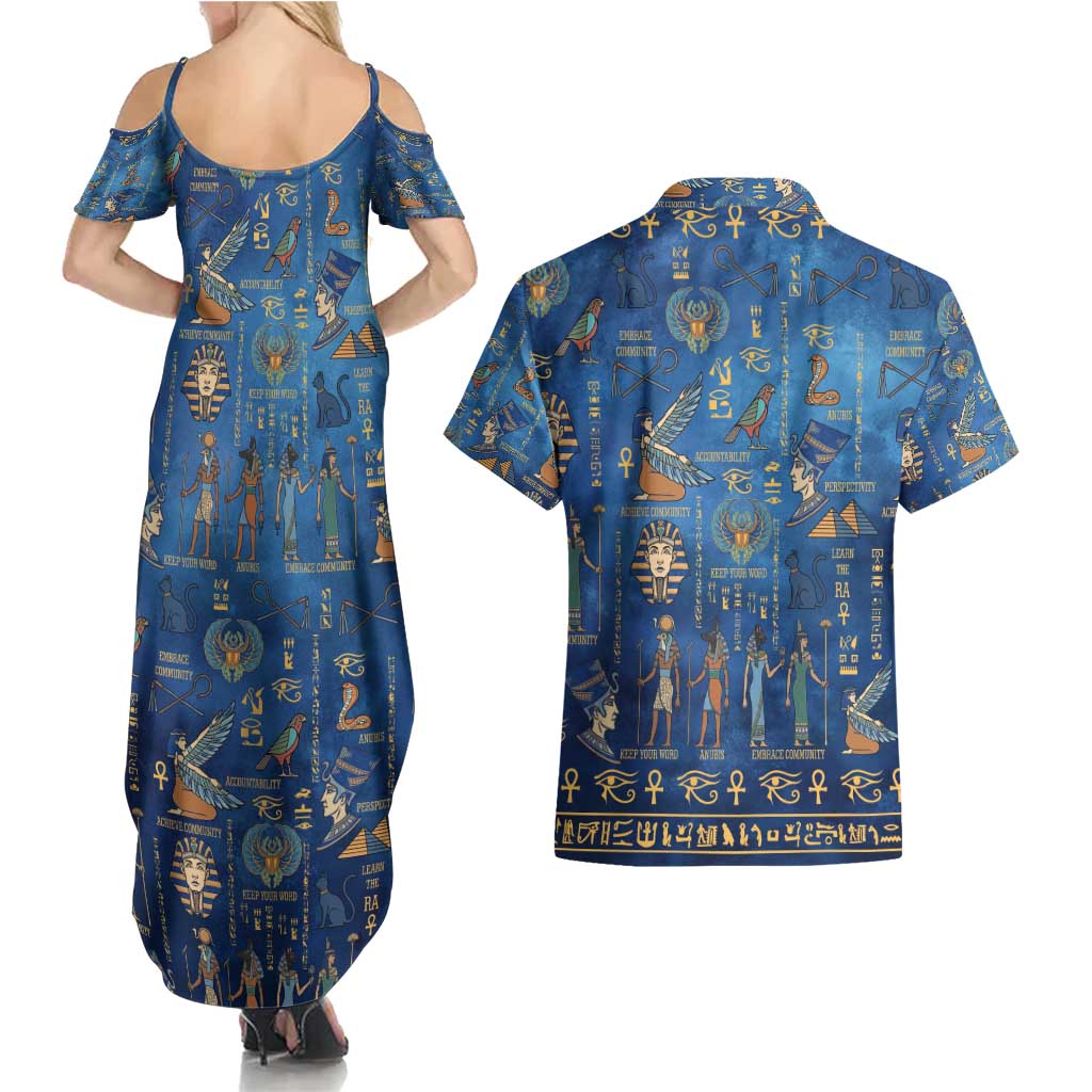 Echoes of Kemet Couples Matching Summer Maxi Dress and Hawaiian Shirt African Pharaohs, Anubis and Symbolic Motifs - Wonder Print Shop