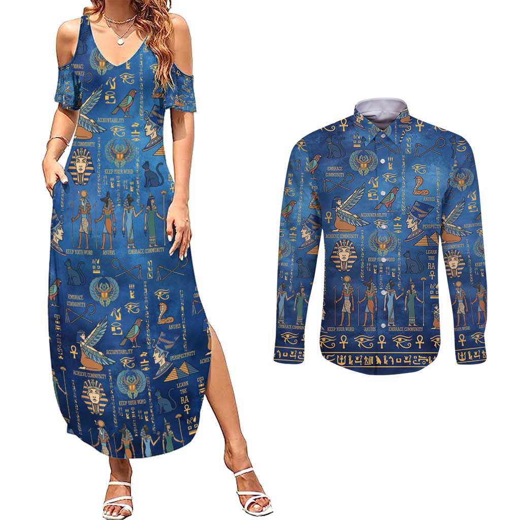 Echoes of Kemet Couples Matching Summer Maxi Dress and Long Sleeve Button Shirt African Pharaohs, Anubis and Symbolic Motifs - Wonder Print Shop