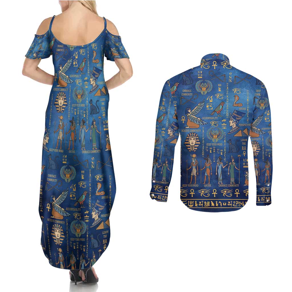Echoes of Kemet Couples Matching Summer Maxi Dress and Long Sleeve Button Shirt African Pharaohs, Anubis and Symbolic Motifs - Wonder Print Shop