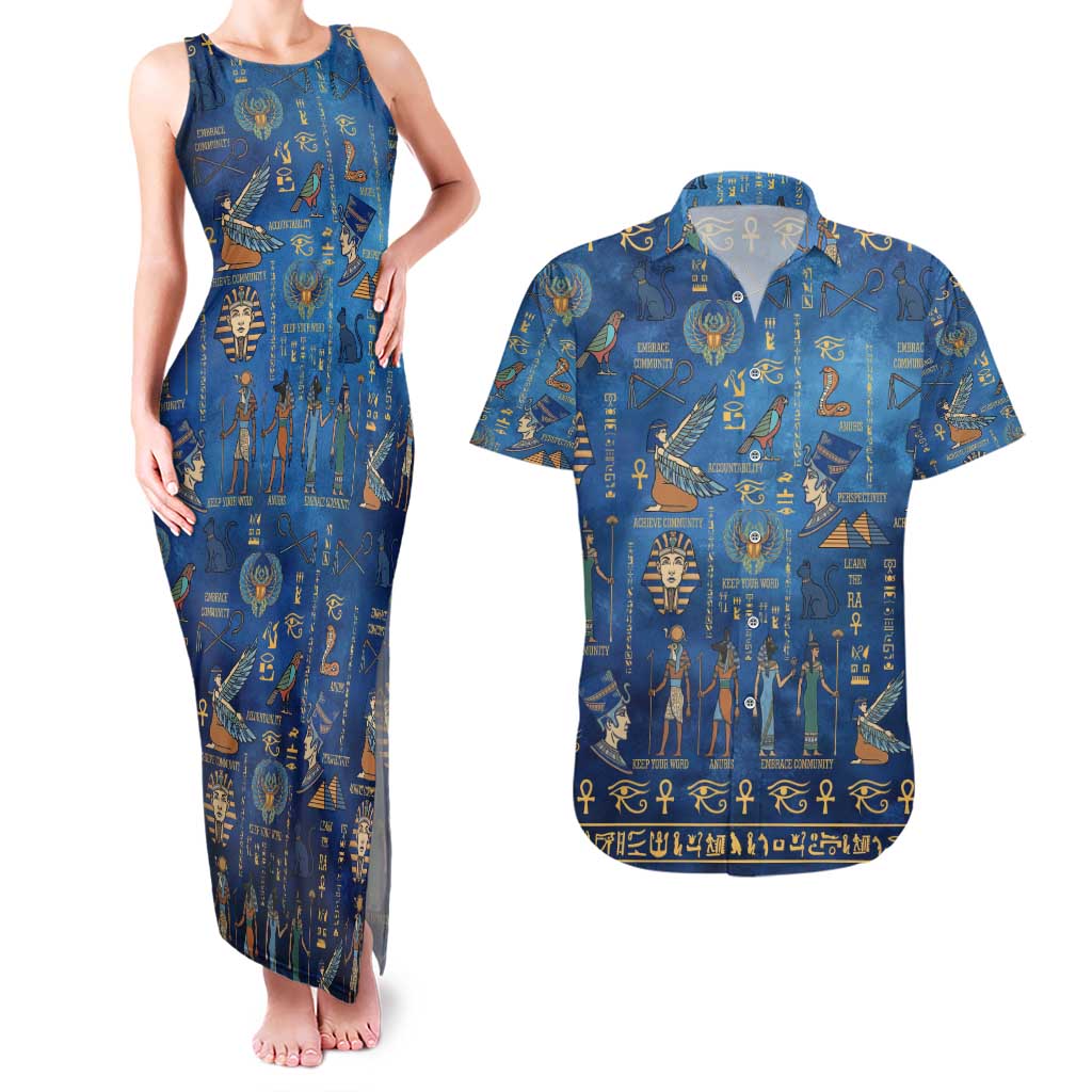 Echoes of Kemet Couples Matching Tank Maxi Dress and Hawaiian Shirt African Pharaohs, Anubis and Symbolic Motifs - Wonder Print Shop