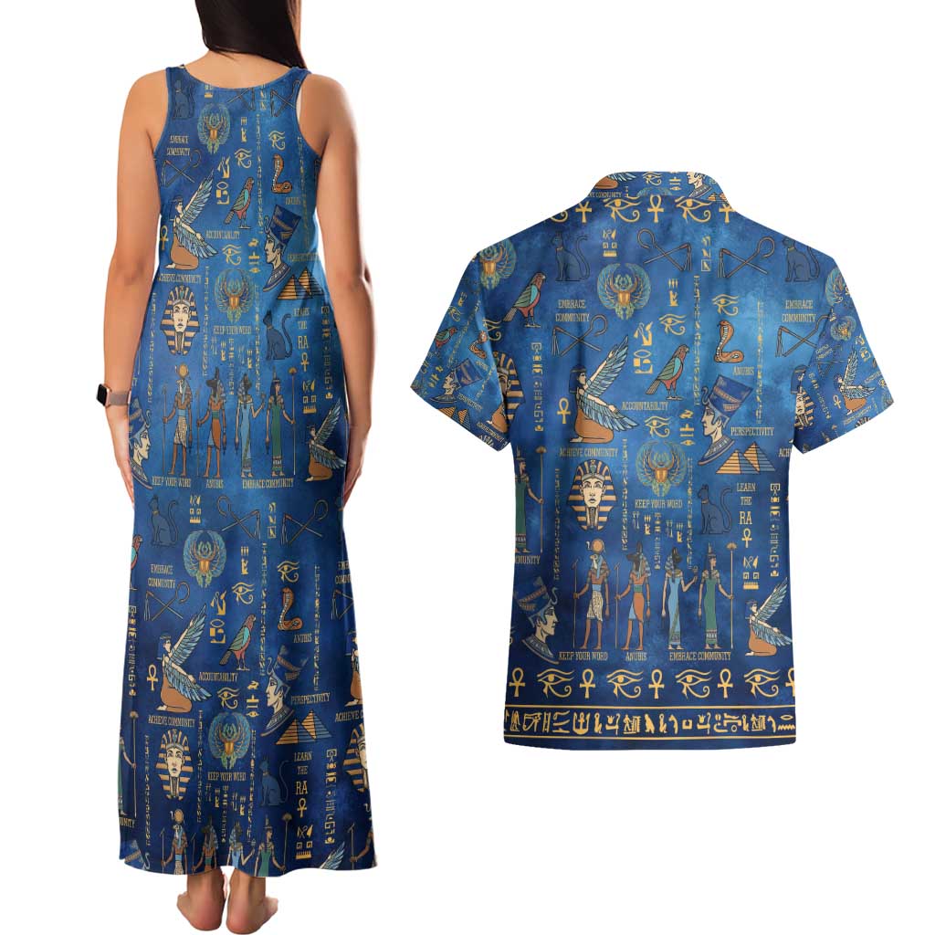 Echoes of Kemet Couples Matching Tank Maxi Dress and Hawaiian Shirt African Pharaohs, Anubis and Symbolic Motifs - Wonder Print Shop