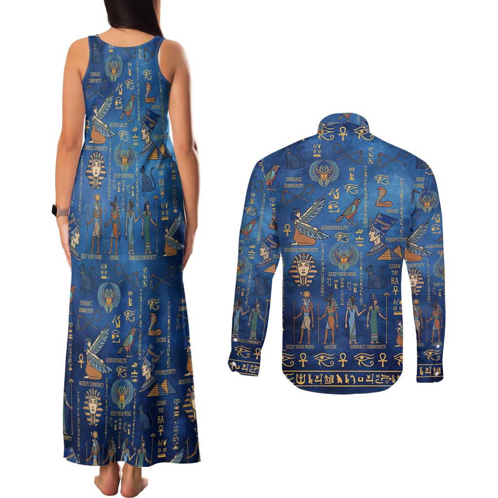 Echoes of Kemet Couples Matching Tank Maxi Dress and Long Sleeve Button Shirt African Pharaohs, Anubis and Symbolic Motifs - Wonder Print Shop