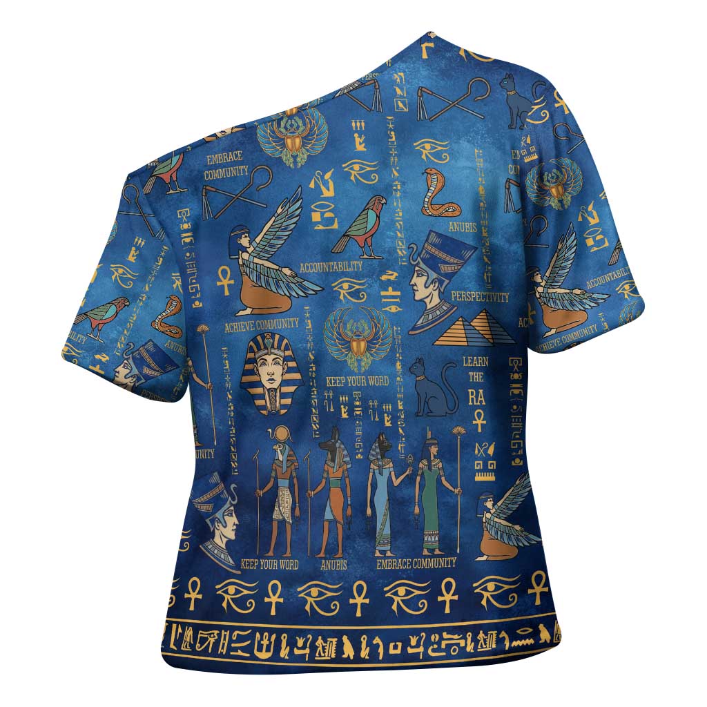 Echoes of Kemet Cross Shoulder Shirt African Pharaohs, Anubis and Symbolic Motifs - Wonder Print Shop