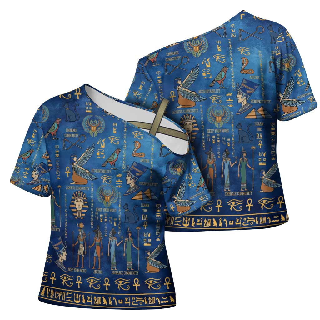 Echoes of Kemet Cross Shoulder Shirt African Pharaohs, Anubis and Symbolic Motifs - Wonder Print Shop