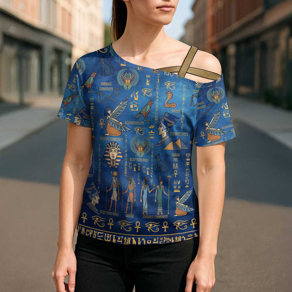 Echoes of Kemet Cross Shoulder Shirt African Pharaohs, Anubis and Symbolic Motifs - Wonder Print Shop