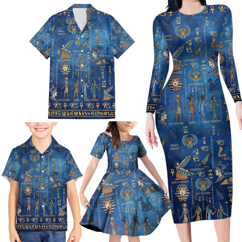 Echoes of Kemet Family Matching Long Sleeve Bodycon Dress and Hawaiian Shirt African Pharaohs, Anubis and Symbolic Motifs - Wonder Print Shop