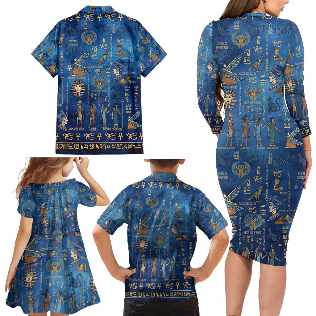 Echoes of Kemet Family Matching Long Sleeve Bodycon Dress and Hawaiian Shirt African Pharaohs, Anubis and Symbolic Motifs - Wonder Print Shop